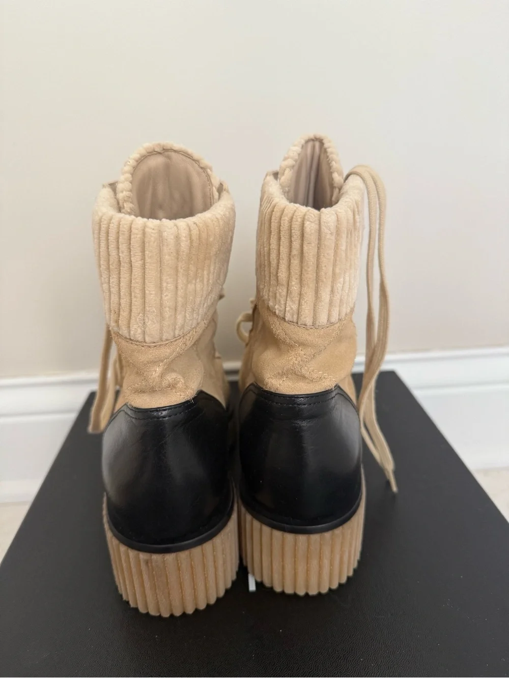 CHANEL Beige Suede and Black Leather Lace-Up Combat Boots